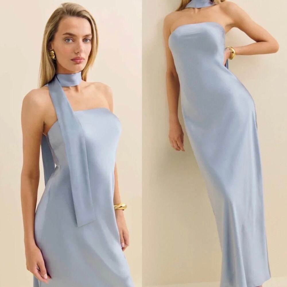 NWT Reformation Oren 100% Silk Choker Neck Maxi Dress Light Blue Size XS